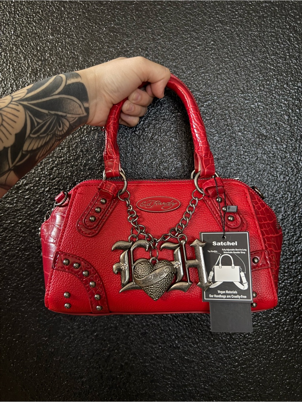 Ed Hardy Red Heart Charm Satchel with Stud Accents